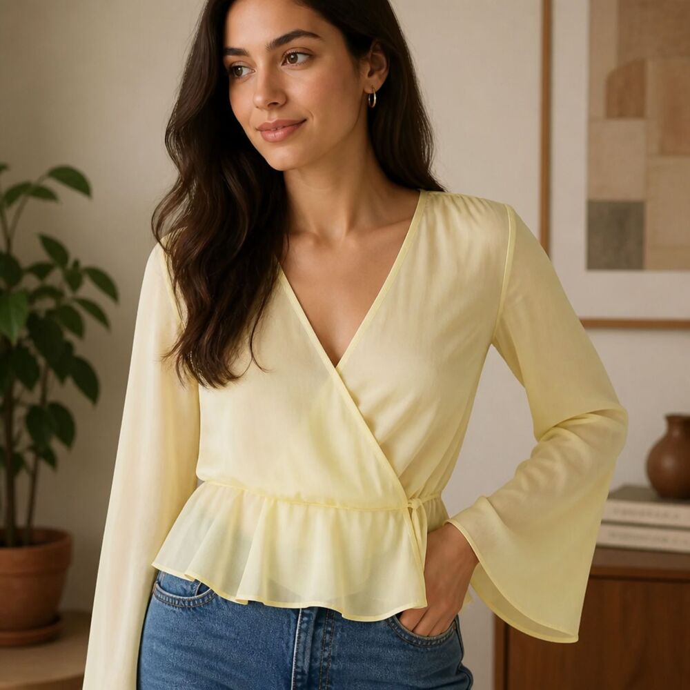 Madewell Yellow Bell‑Sleeve Wrap Peplum Blouse NWT Size 12